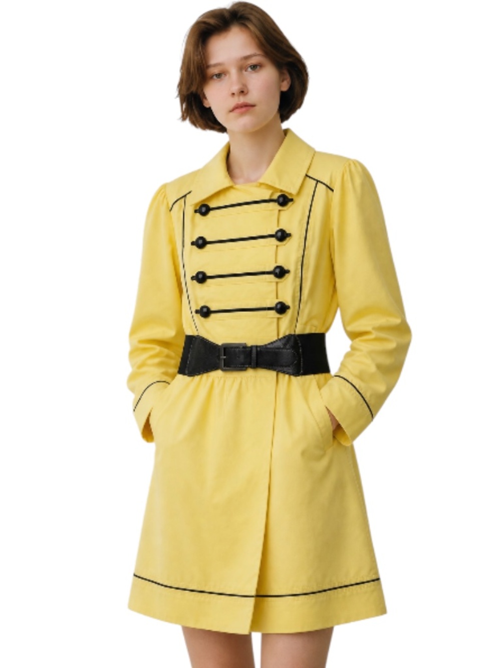 Candie's Womens Yellow Black Contrast Trim Belted Long Sleeve Trench Coat XL